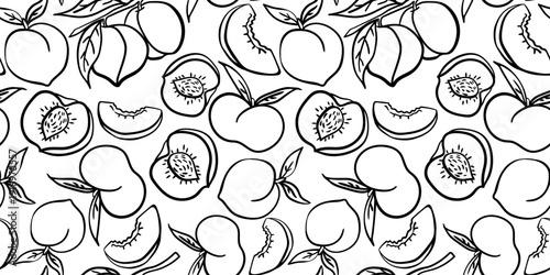 black and white hand drawn peach fruit outlines seamless background vector illustration wallpaper and wrapping cards