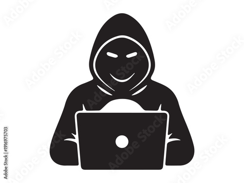 Hacker in hoodie sitting at laptop icon vector illustration