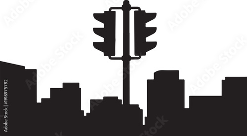 Black silhouette of traffic light over city skyline