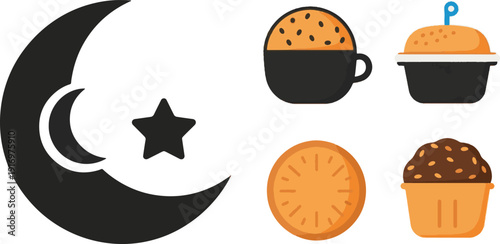 Ramadhan Kareem Icons Crescent Moon, Star, Dates, Cupcake, and Bread - Festive Islamic Symbols for Celebration