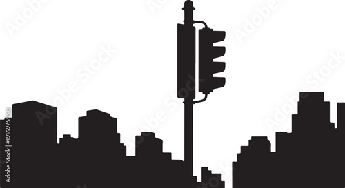 Black silhouette of traffic light with city skyline background