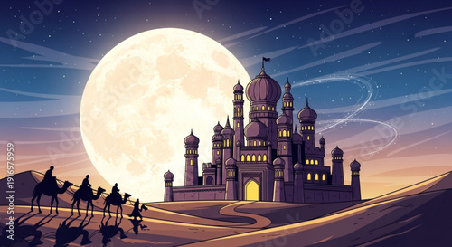 Caravan approaches illuminated palace under full moonlight in desert landscape at dusk with warm glow