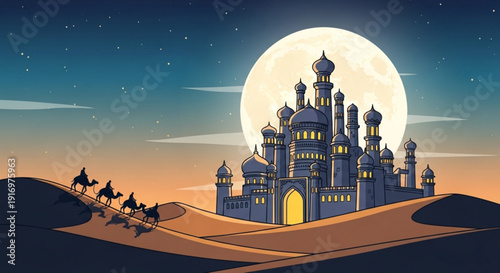 Majestic desert palace under a full moon with camel caravan approaching sand dunes and starry night sky