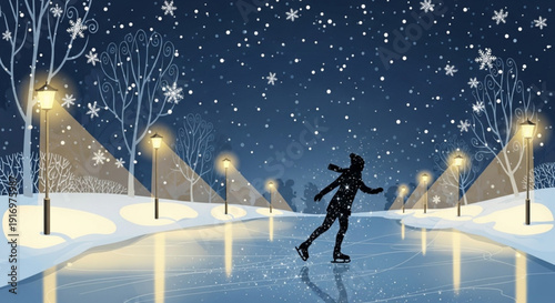 Woman ice skating alone at night on a lit frozen pond surrounded by snow and street lamps under a starry sky