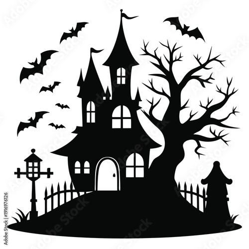 creepy house silhouette line art vector illustration with a white background