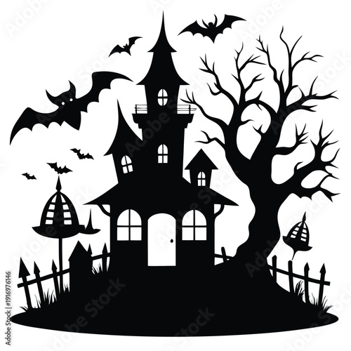 creepy house silhouette line art vector illustration with a white background