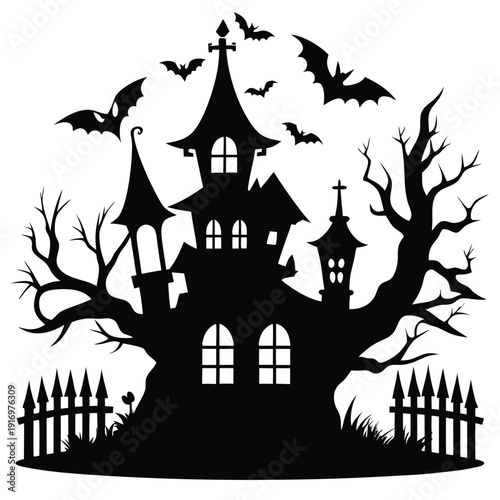 creepy house silhouette line art vector illustration with a white background