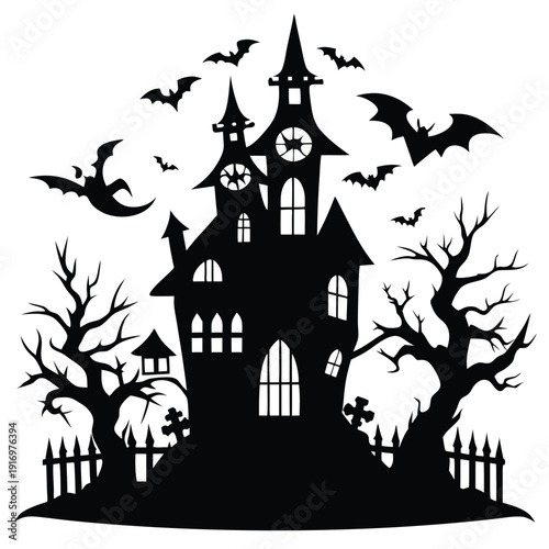 creepy house silhouette line art vector illustration with a white background