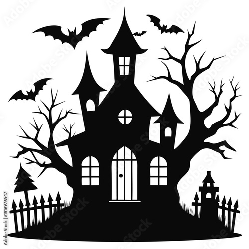 creepy house silhouette line art vector illustration with a white background