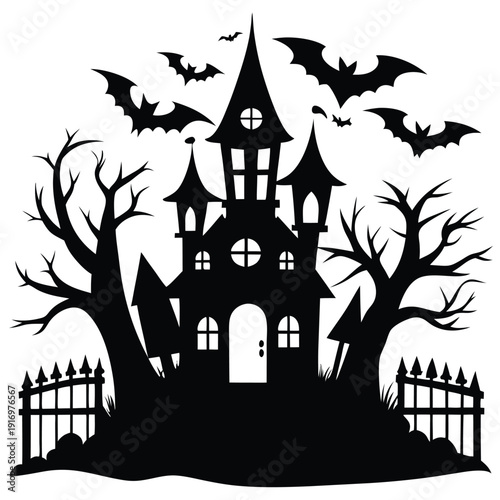 creepy house silhouette line art vector illustration with a white background