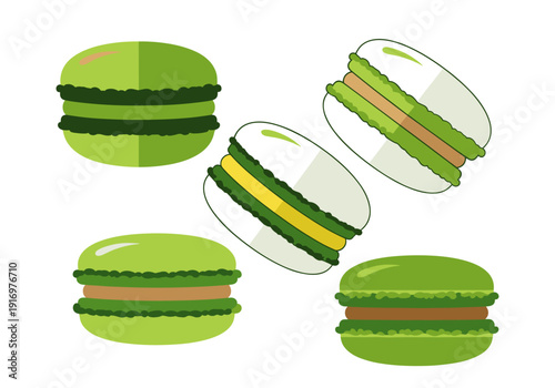 Set of colorful matcha macarons in various styles and fillings  