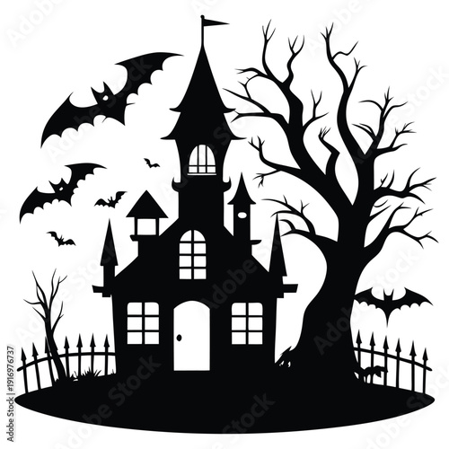 creepy house silhouette line art vector illustration with a white background
