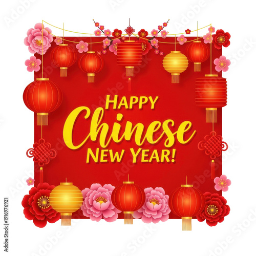 Happy chinese new year celebration with lanterns and flowers isolated on transparent background