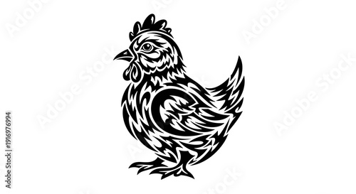 Black and white illustration of a rooster with intricate detailing  