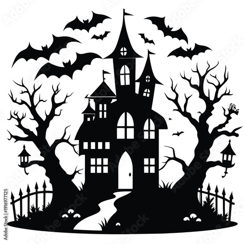 creepy house silhouette line art vector illustration with a white background