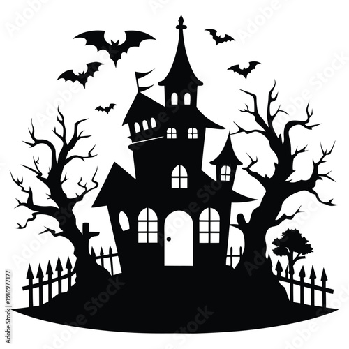 creepy house silhouette line art vector illustration with a white background