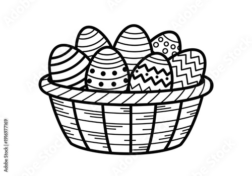 Decorative Easter eggs in woven basket for holiday celebration  