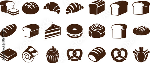  Variety of bread and baked goods cakes in coffee and white.