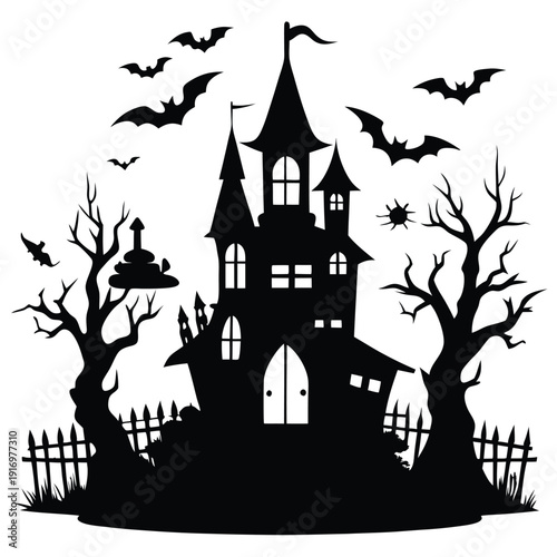 creepy house silhouette line art vector illustration with a white background