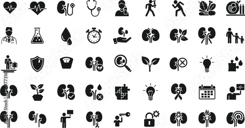 Kidney health icons set for medical and wellness concepts