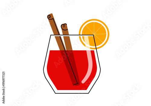 Holiday cocktail with cinnamon and orange slice in glass  