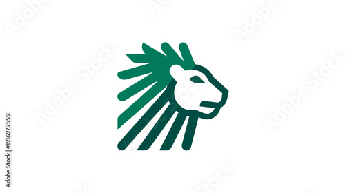 A side-profile graphic of a lion's head, featuring a green mane with various shades