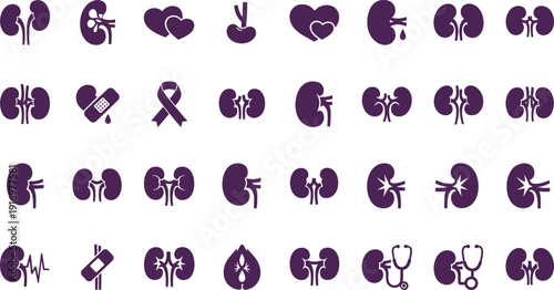 Kidney health icons set in purple for medical use
