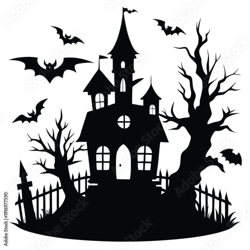 creepy house silhouette line art vector illustration with a white background