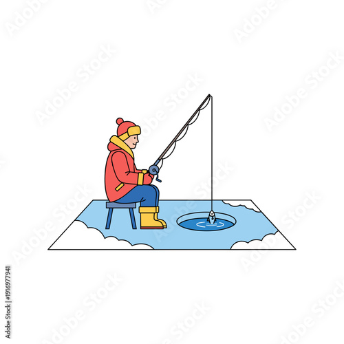 Boy ice fishing while sitting on chair in snowy winter landscape  