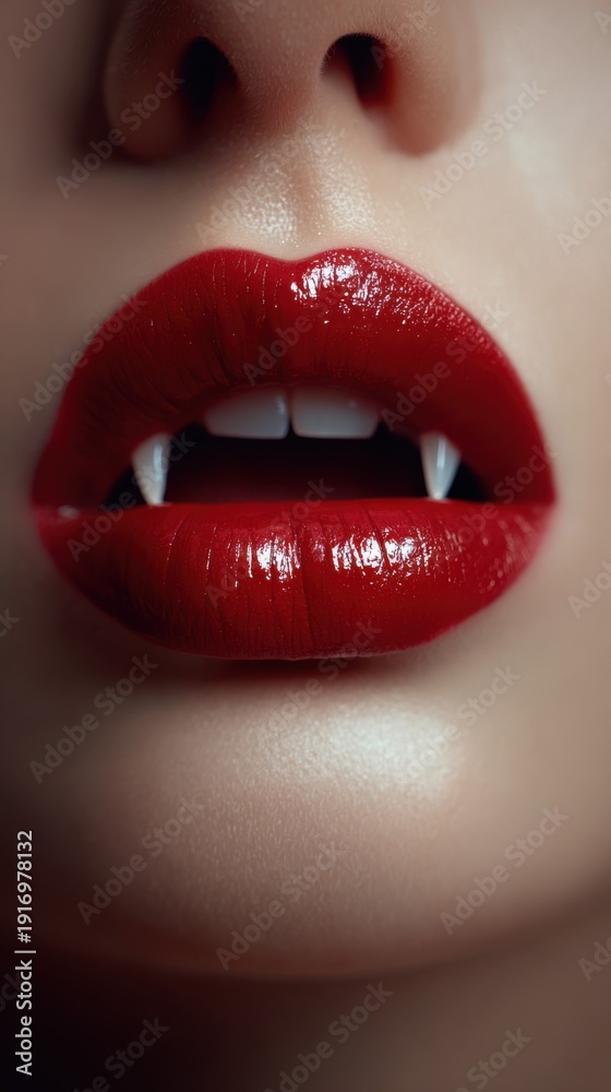 Fototapeta premium Close-up of vibrant red lips with fang-like teeth, demonstrating a bold and edgy beauty style, perfect for Halloween, vampire-themed parties, or alternative fashion concepts