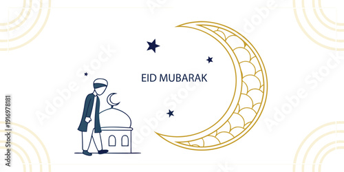 Eid mubarak vector art with praying person, mosque, moon, and stars