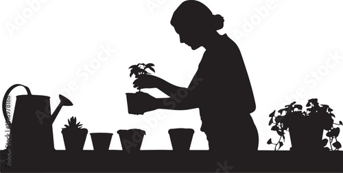 Silhouette of a person gardening with potted plants and a watering can