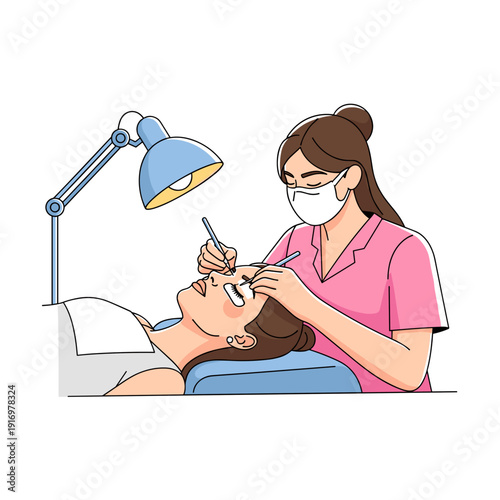 Woman getting eyebrow treatment from beautician in salon  