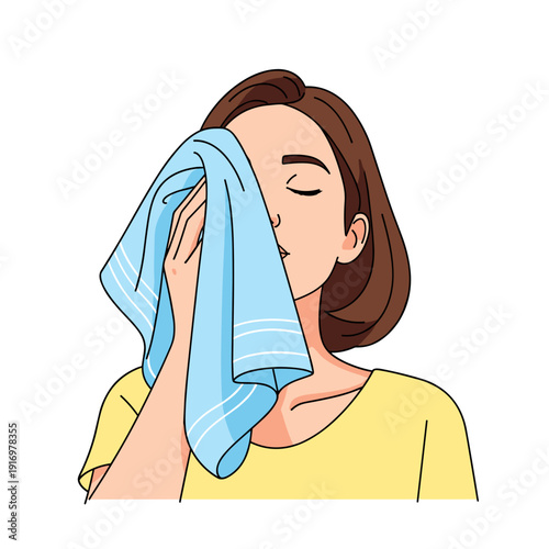 Young woman wiping forehead with towel and relaxing at home  
