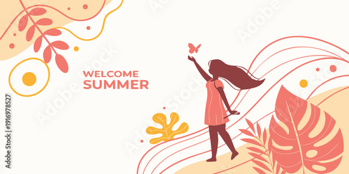 Abstract summer illustration with woman silhouette butterfly and tropical leaves art
