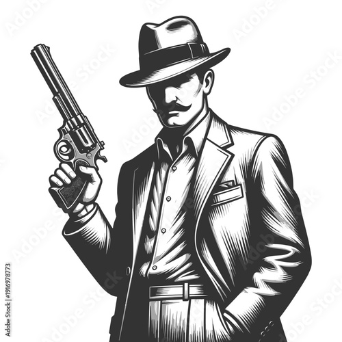 stern-faced man in a suit and fedora, holding a pistol in a classic noir style sketch engraving generative ai fictional character vector illustration. Scratch board imitation. Black and white image.