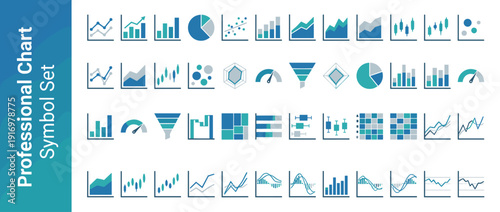 Professional Vector Icon Set of 36 Business Charts and Financial Indicators in Flat Design. Includes Bar, Line, Pie, Area, Radar, Funnel, Gauge, Candlestick, Scatter, and Heatmap Graphics in Blue.