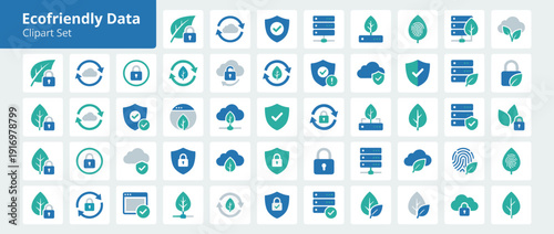 Vector Icon Set of 36 Ecofriendly Data Privacy and Security Elements in Flat Design. Sustainable Technology Icons featuring Leaves, Locks, Clouds, Servers, and Shields for Green Computing Solutions.