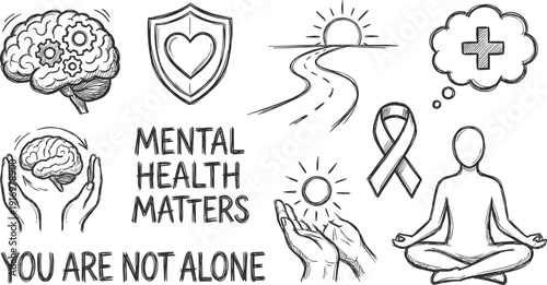 Mental health awareness hand drawn icons for wellness concept