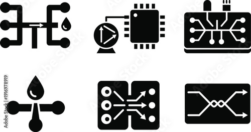 Microfluidic chip icons representing laboratory research and biotechnology science.
