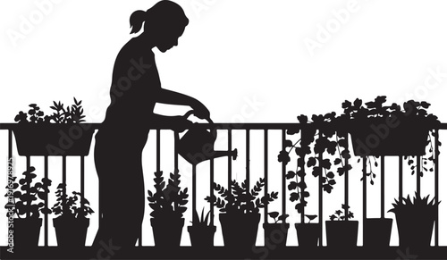 Silhouette of a person watering plants on a balcony 2
