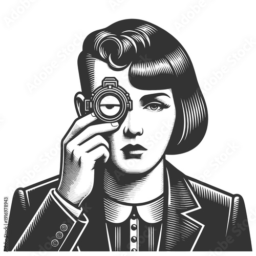 stylish woman holding optical lens to her eye, symbolizing vision, focus, surveillance, and perception concept sketch engraving generative ai vector illustration. Scratch board imitation. 