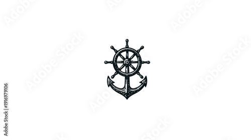 Black and white nautical emblem with a ship's wheel atop an anchor on a white background