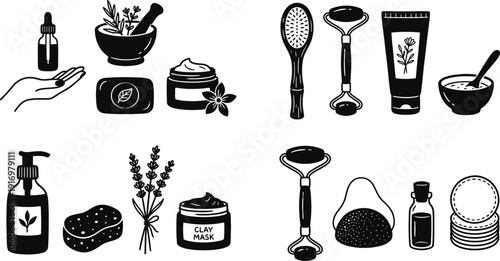 Skincare beauty doodle icons with natural organic elements