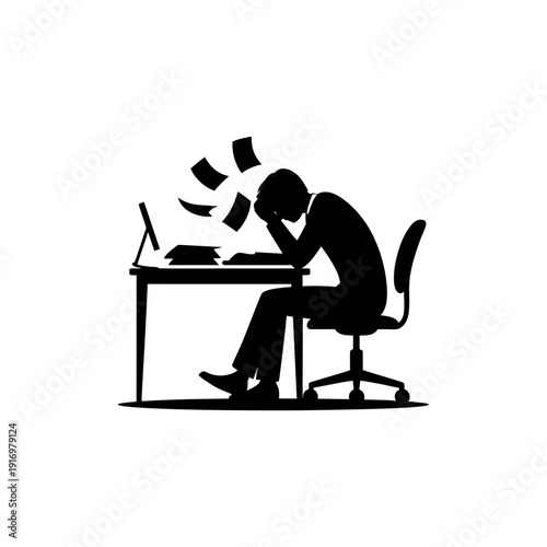 A frustrated office worker sitting at a desk with papers flying everywhere