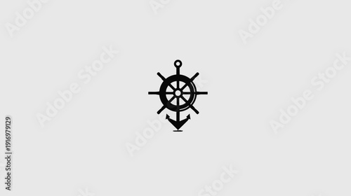 A stylized black illustration of a ship's wheel with an integrated anchor on a light gray background