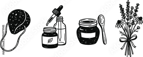 Skincare beauty doodle icons with natural organic elements