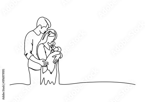 Mother and father with a baby one line drawing. Vector illustration.
