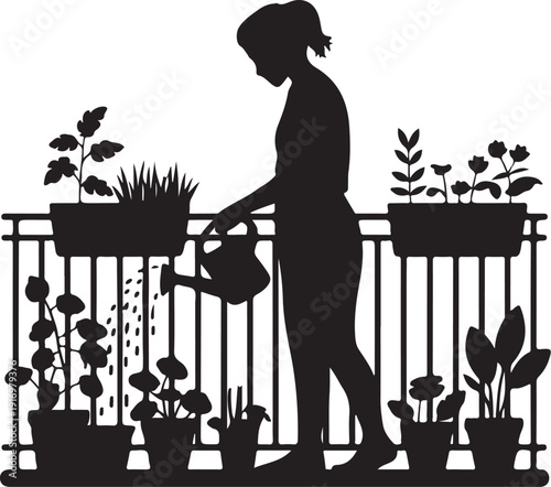 Silhouette of a person watering plants on a balcony with potted plants