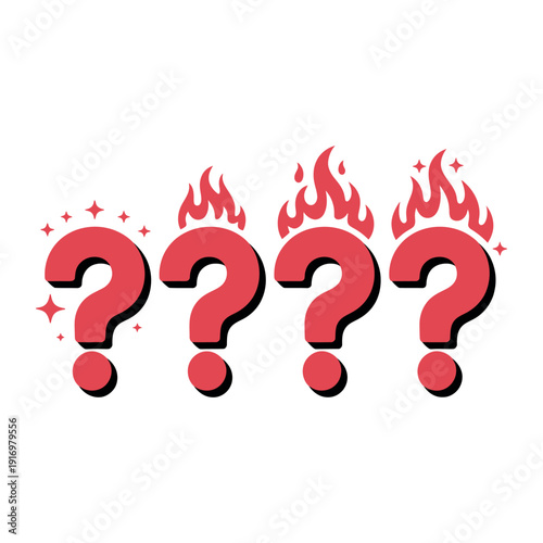 A series of question marks with flames and sparks on a white background